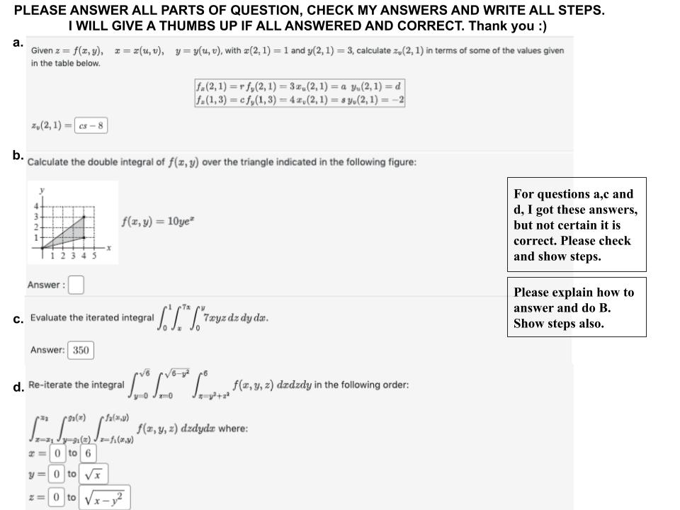 Solved PLEASE ANSWER ALL PARTS OF QUESTION, CHECK MY ANSWERS | Chegg.com