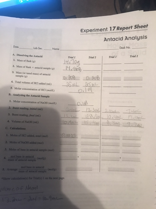 Solved Experiment 17 Report Sheet Antacid Analysis Date Lab