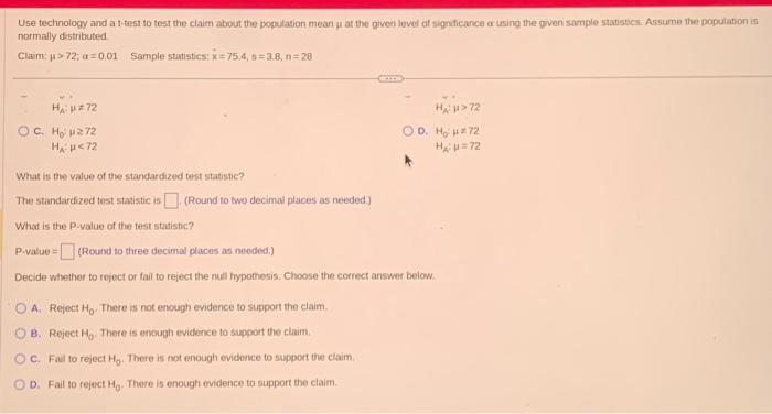 Solved Use technology and a t-test to test the claim about | Chegg.com
