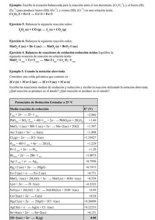 Ejemplo: Escribe la ecuación balanceada para la reacción entre el ion dicromato, \( \left(\mathrm{Cr}_{2} \mathrm{O}_{1}\righ