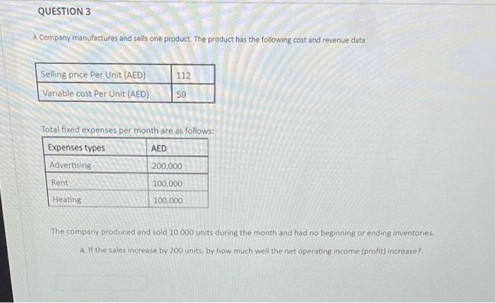 Solved A Company manufactures and sells one product. The | Chegg.com