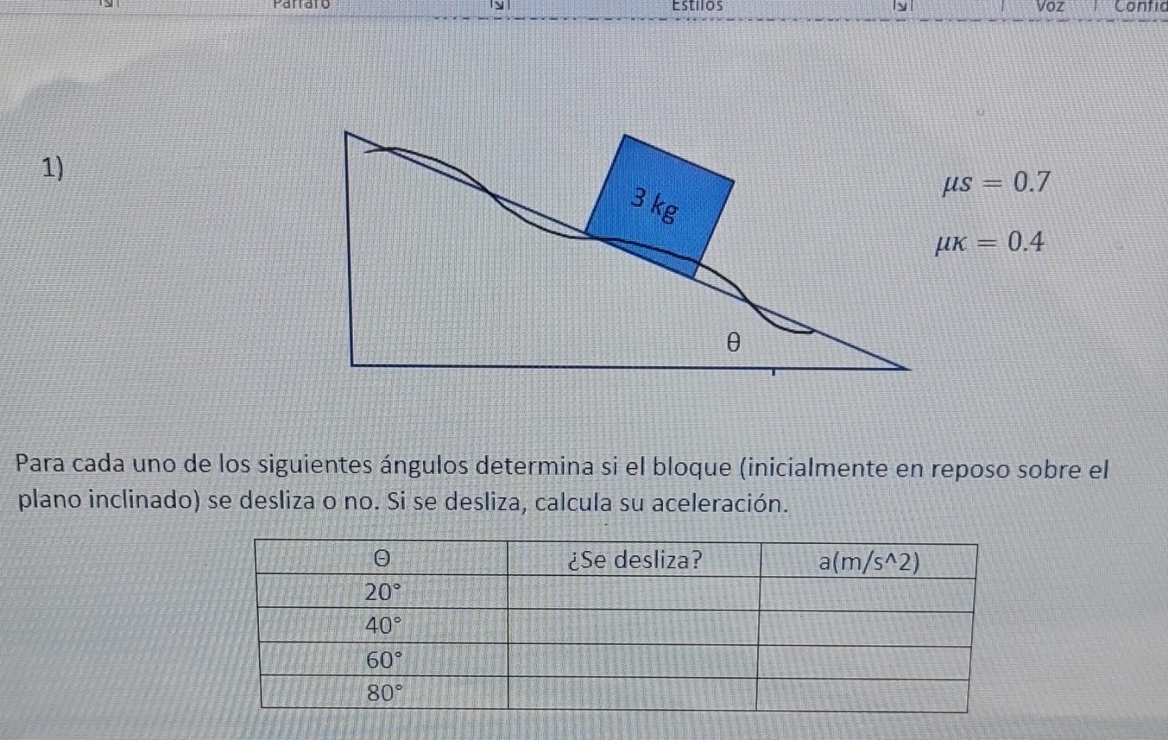 1) \[ \begin{array}{l} \mu s=0.7 \\ \mu \kappa=0.4 \end{array} \] Para cada uno de los siguientes ángulos determina si el blo