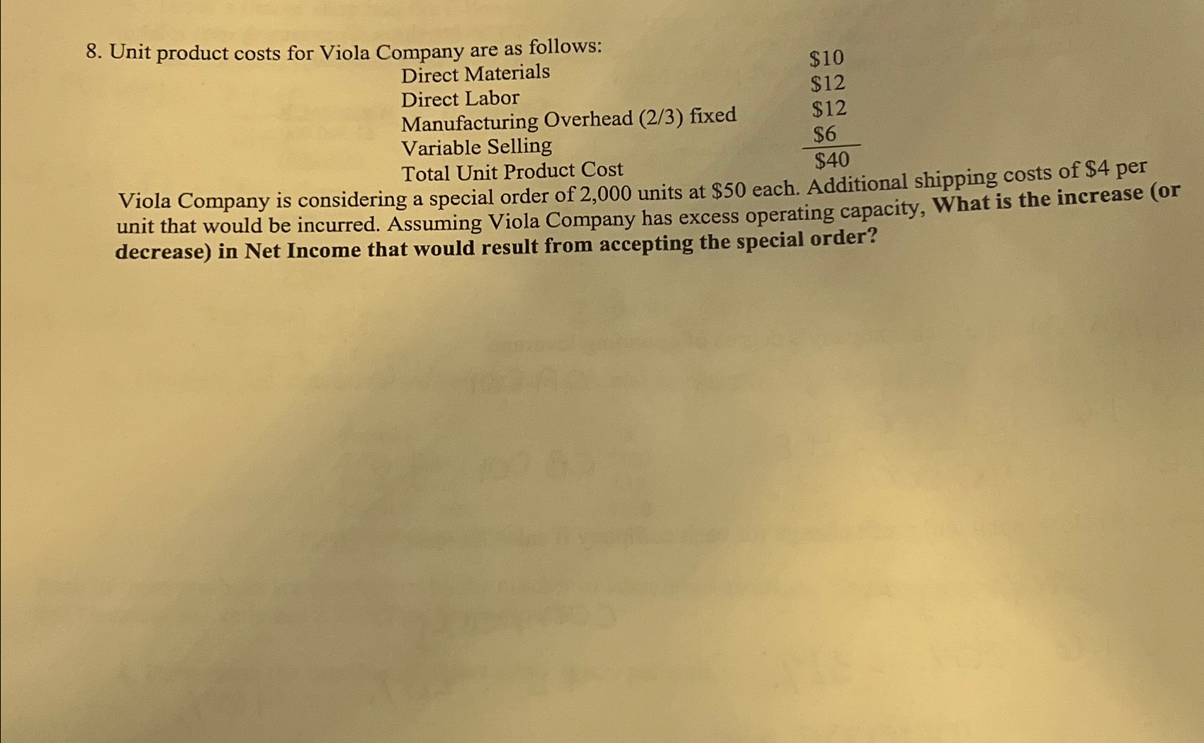 Solved Unit product costs for Viola Company are as