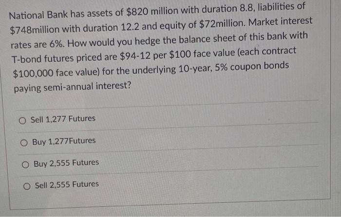 Solved National Bank has assets of $820 million with | Chegg.com