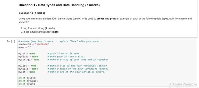 Solved Question 1 - Data Types and Data Handling (7 marks) | Chegg.com