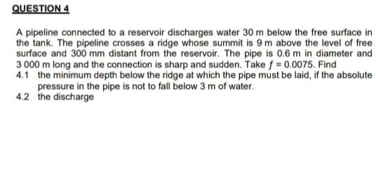 Solved QUESTION 4 A Pipeline Connected To A Reservoir | Chegg.com