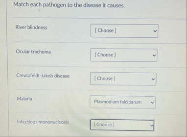 Match each pathogen to the disease it causes.River | Chegg.com