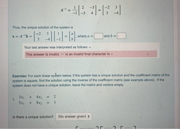 Solved 3 A-1 --- -2 3 -4 Thus, the unique solution of the | Chegg.com