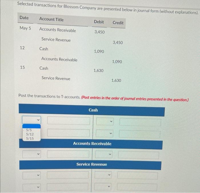 Selected transactions for Blossom Company are presented below in journal form (without explanations).
Post the transactions t