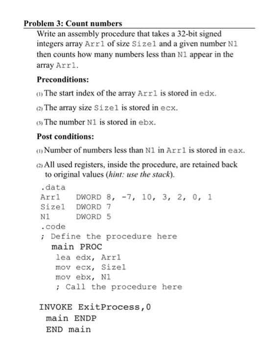 Solved Problem 3: Count numbers Write an assembly procedure | Chegg.com