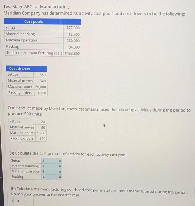 Solved TwoStage ABC for Manufacturing Meridian Company has