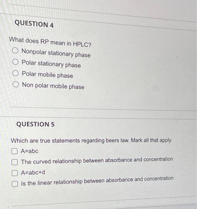 Solved QUESTION 4 What does RP mean in HPLC? Nonpolar