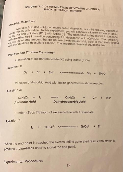 IODOMETRIC DETERMINATION OF VITAMIN C USING A | Chegg.com