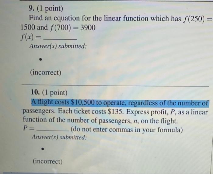 Solved 9. (1 point) Find an equation for the linear function | Chegg.com