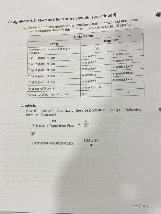 Assignment 5.3: Mark And Recapture Sampling (20 | Chegg.com