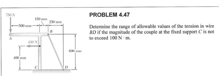 Determine the range of allowable values of the tension in wire \( B D \) if the magnitude of the couple at the fixed support 