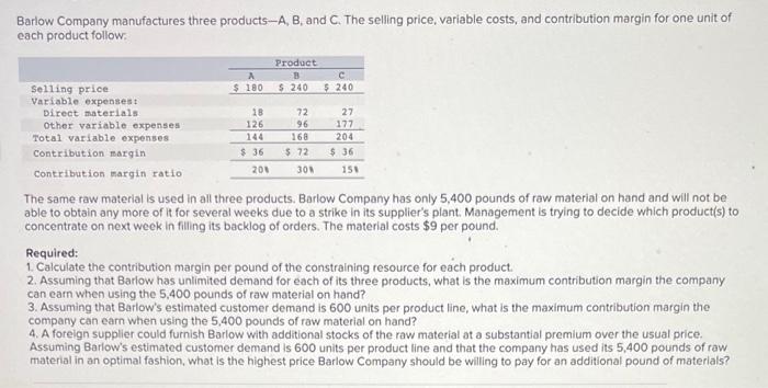 Solved Barlow Company Manufactures Three Products-A, B, And | Chegg.com