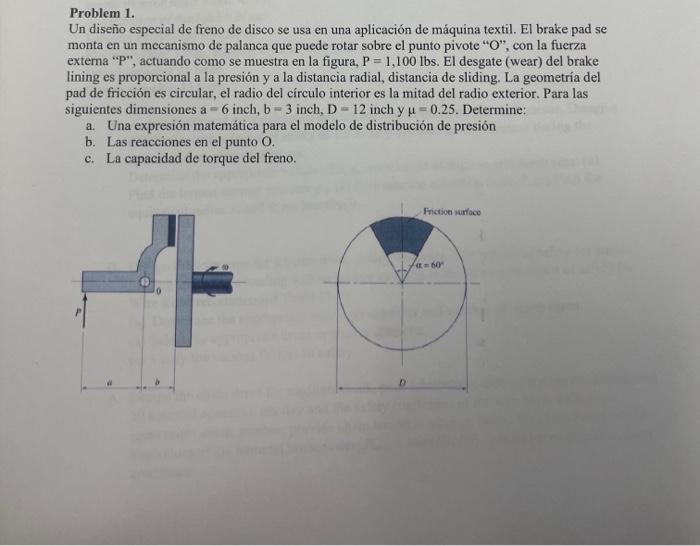 Problem 1. Un diseño especial de freno de disco se usa en una aplicación de máquina textil. El brake pad se monta en un mecan