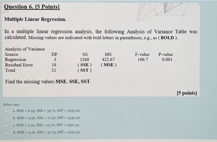 Solved Question 6.15 Points Multiple Linear Regression. In a | Chegg.com