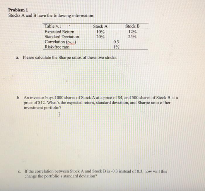 Solved Problem 1 Stocks A And B Have The Following | Chegg.com