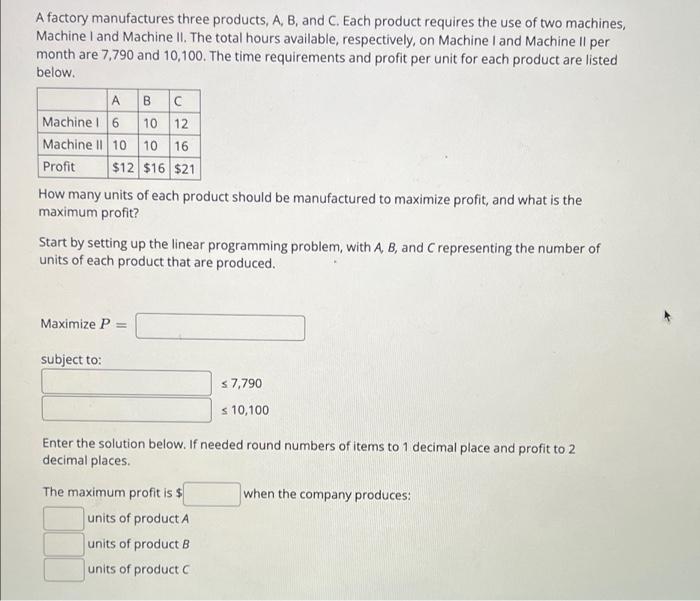 Solved A Factory Manufactures Three Products, A, B, And C. | Chegg.com