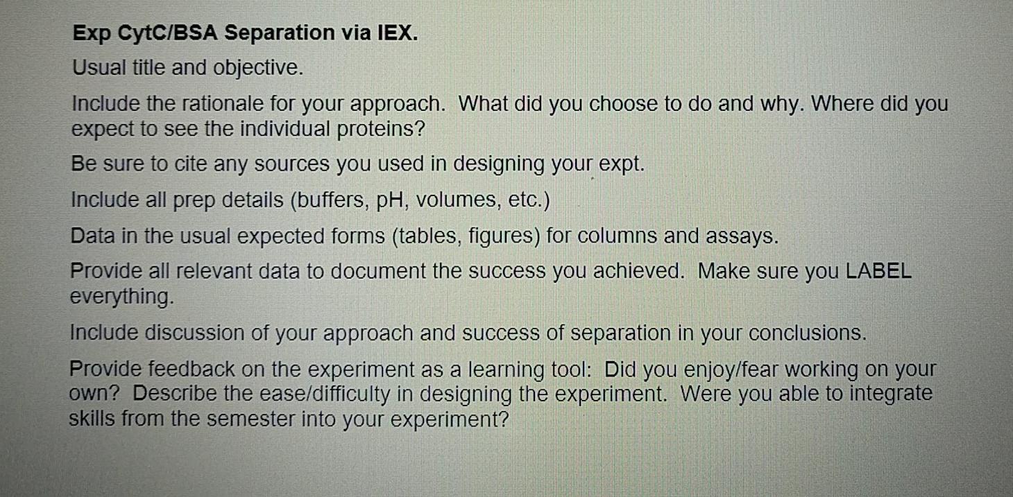 Exp CytC/BSA Separation via IEX. Usual title and | Chegg.com