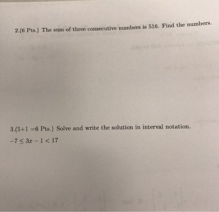 Solved 2.(6 Pts.) The sum of three consecutive numbers is | Chegg.com