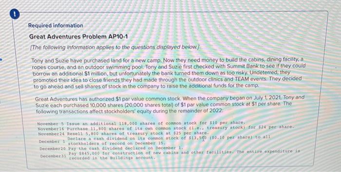 Solved Required information Great Adventures Problem AP10-1 | Chegg.com