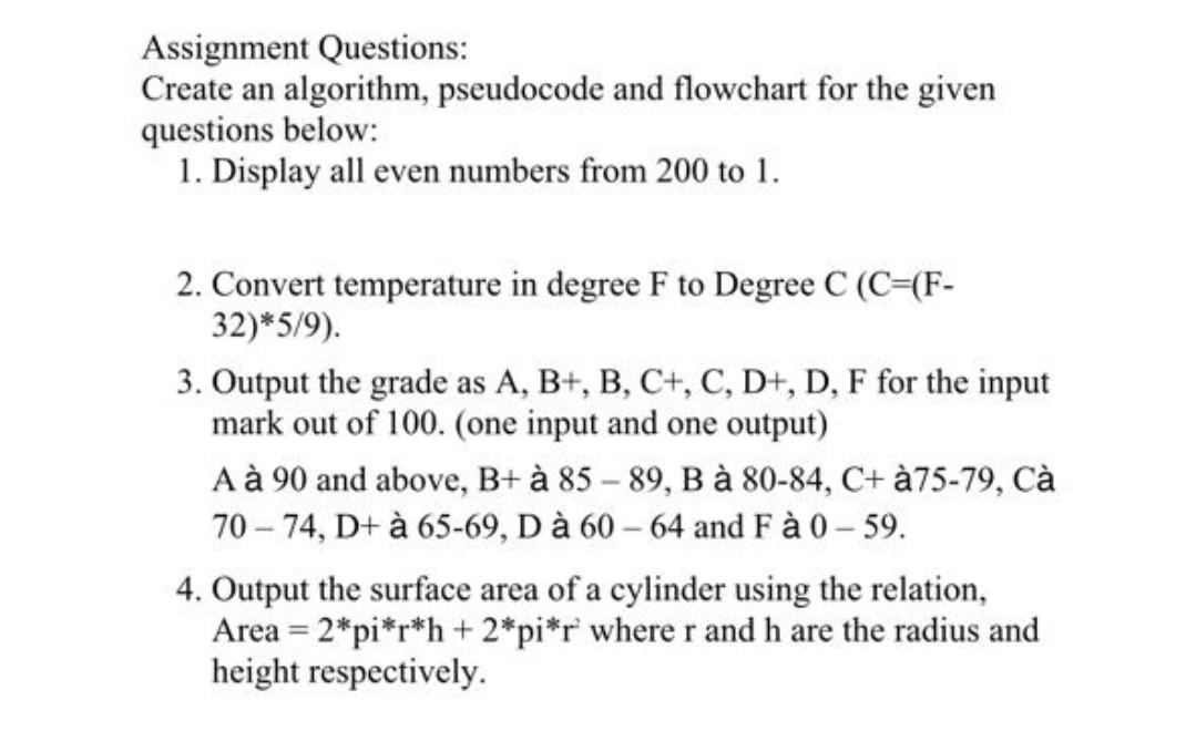 Solved Assignment Questions: Create An Algorithm, Pseudocode | Chegg.com