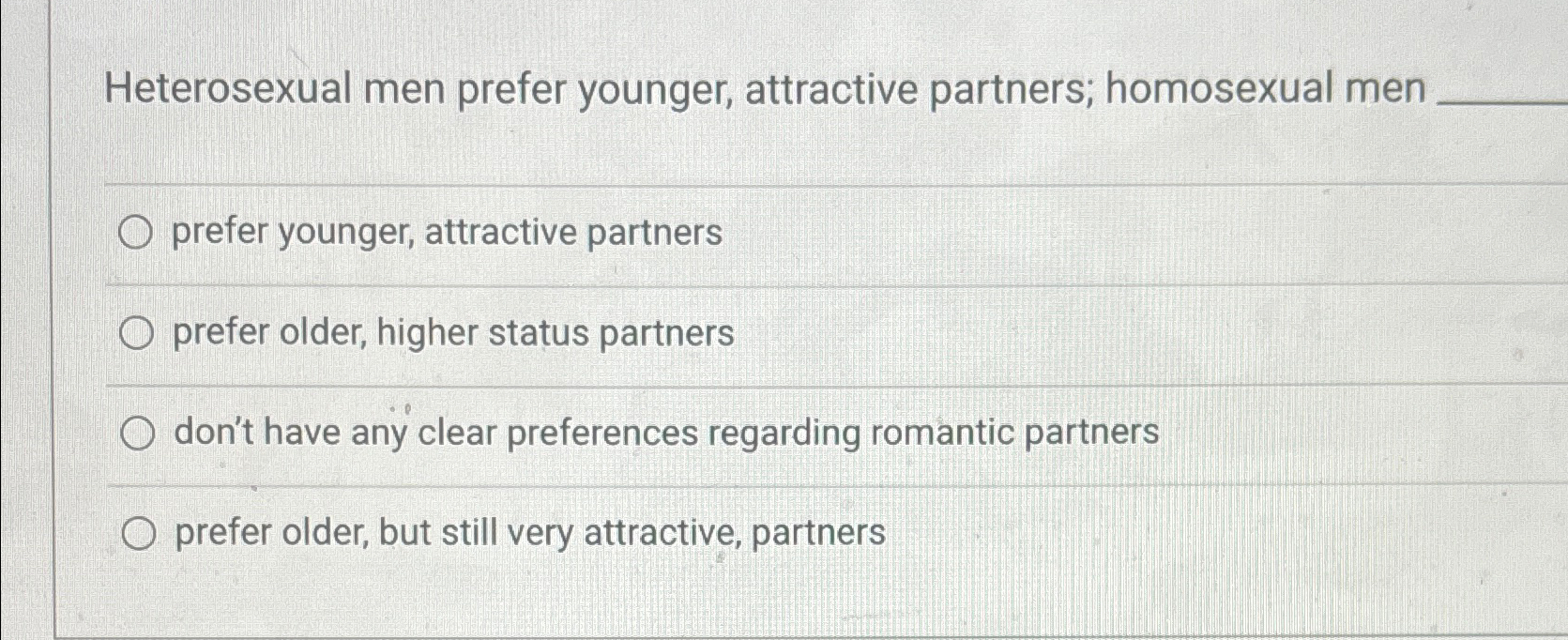 Solved Heterosexual men prefer younger, attractive partners; | Chegg.com