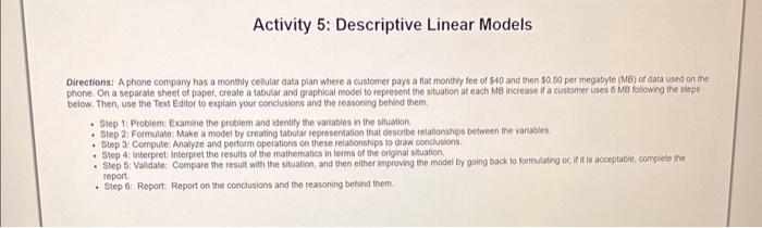 Solved Activity 5: Descriptive Linear Models Directions: A | Chegg.com