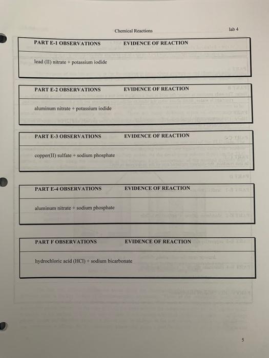 Solved lab 4 Chemical Reactions DATA TABLE EVIDENCE OF