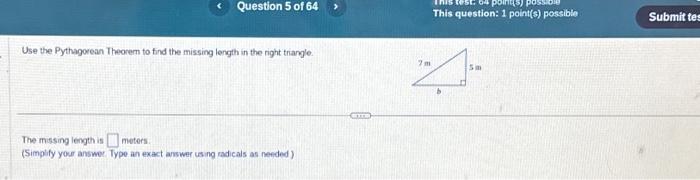 Use The Pythagorean Theorem To Find The Missing | Chegg.com