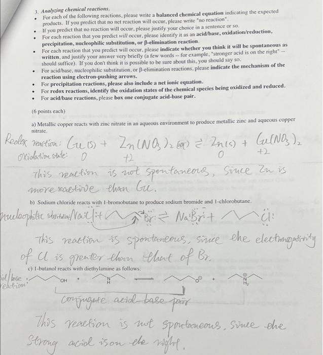 Solved 3 Analyzing Chemical Reactions For Each Of The Chegg