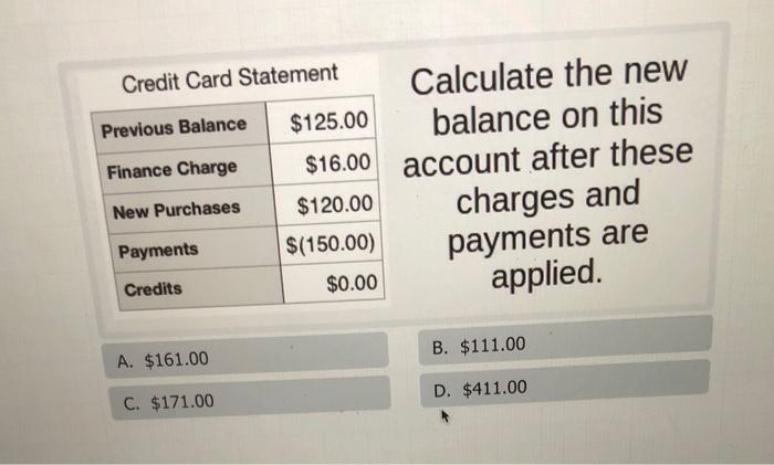 Solved Credit Card Statement Calculate the new Previous | Chegg.com