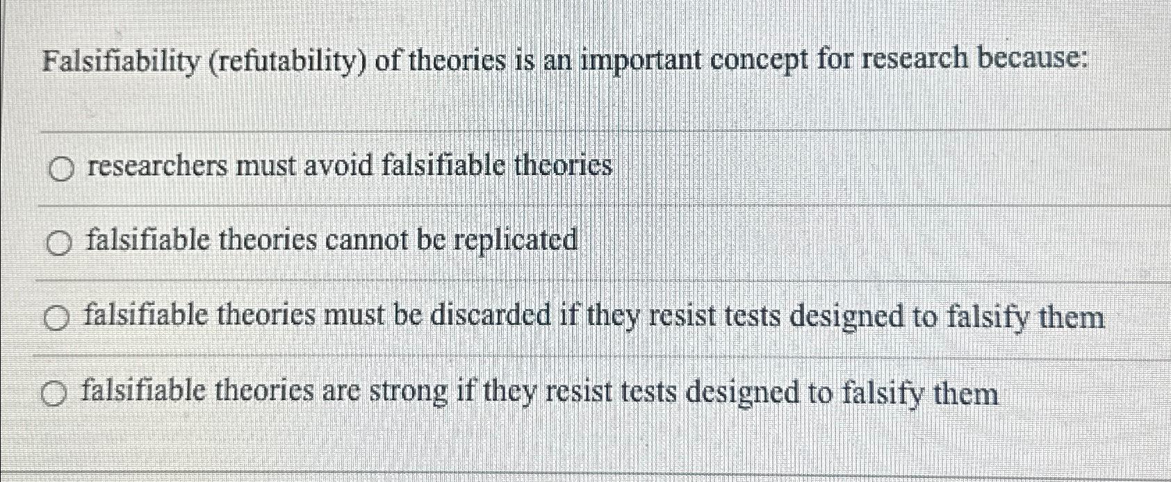 Solved Falsifiability (refutability) ﻿of theories is an | Chegg.com