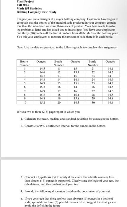 Solved Final Project Fall 2023 Math 153 Statistics Bottling 