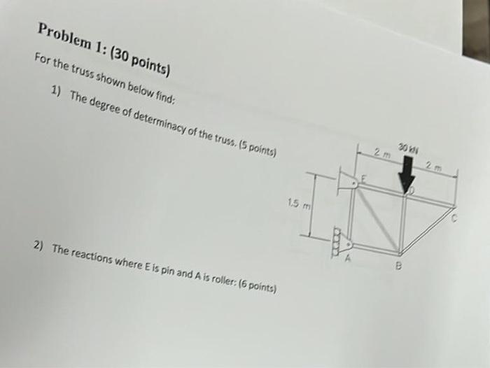 Solved Problem I: (30 points) For the truss shown below | Chegg.com