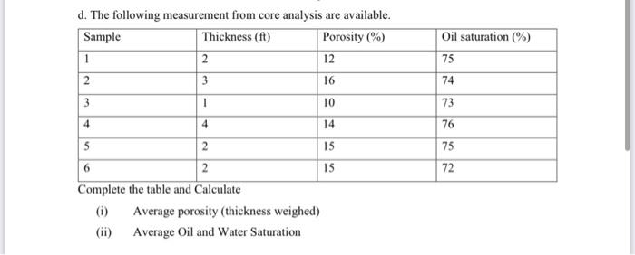 Solved d. The following measurement from core analysis are | Chegg.com