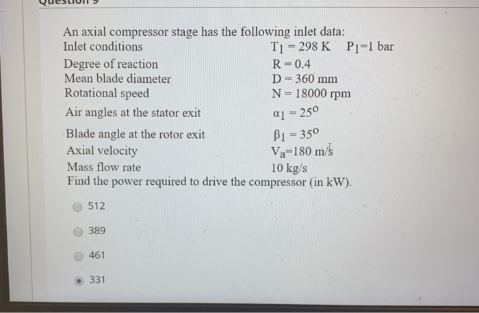 Solved QuesLIUI An axial compressor stage has the following | Chegg.com