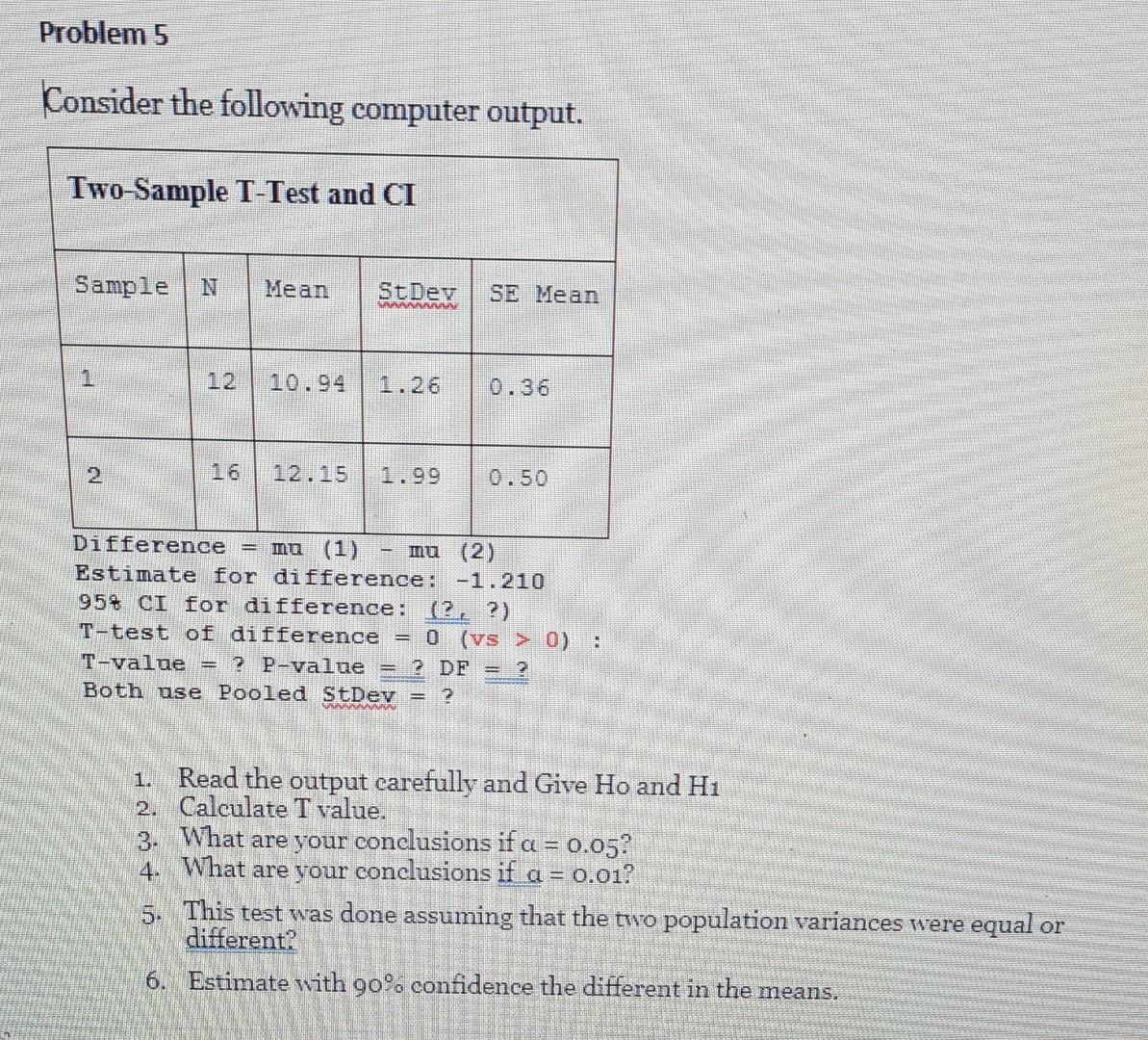 Solved Problem 5 Consider the following computer output. | Chegg.com