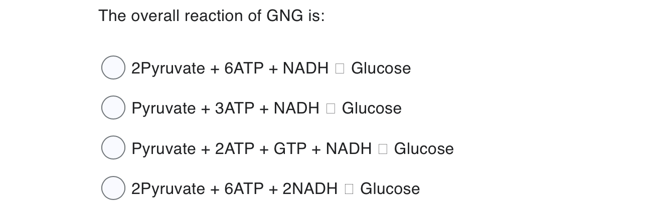 Solved The overall reaction of GNG is:2Pyruvate + 6ATP + | Chegg.com