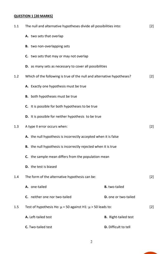 Solved Question 1 [20 Marks] The Null And Alternative