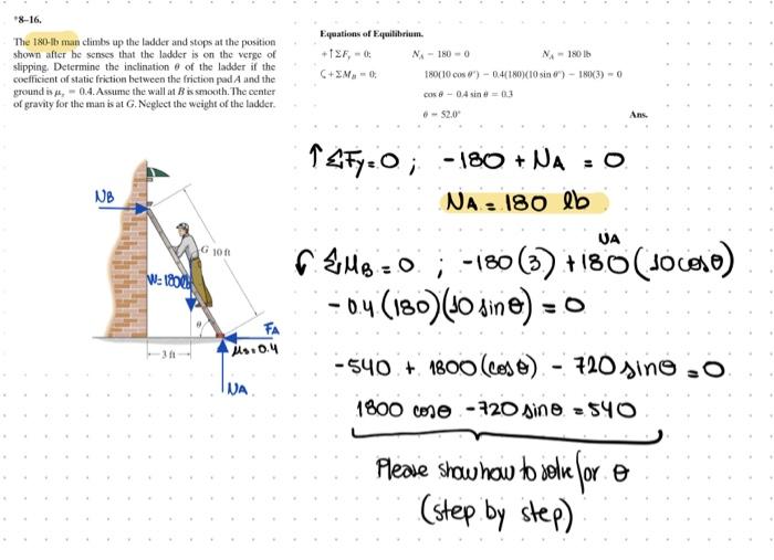 Solved 8-16. The 180-1b man climbs up the ladder and stops | Chegg.com