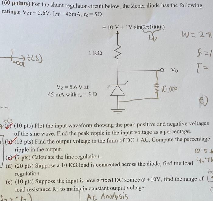 Solved (60 Points) For The Shunt Regulator Circuit Below, | Chegg.com