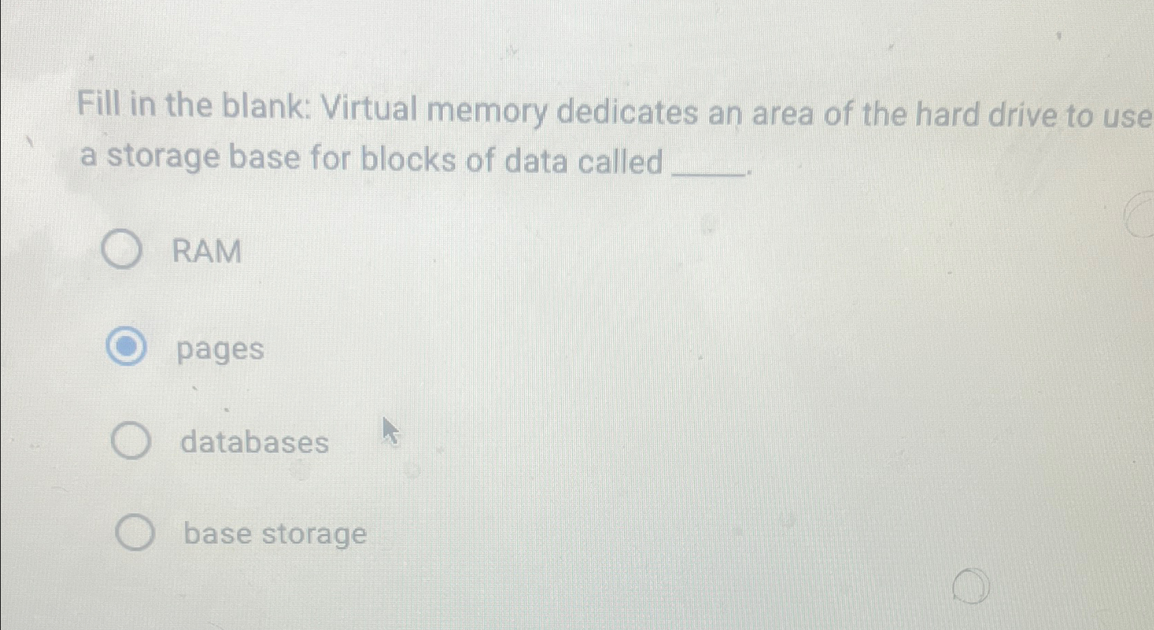 Solved Fill in the blank: Virtual memory dedicates an area | Chegg.com