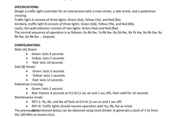 Solved SPECIFICATIONS: Design a traffic light controller for | Chegg.com