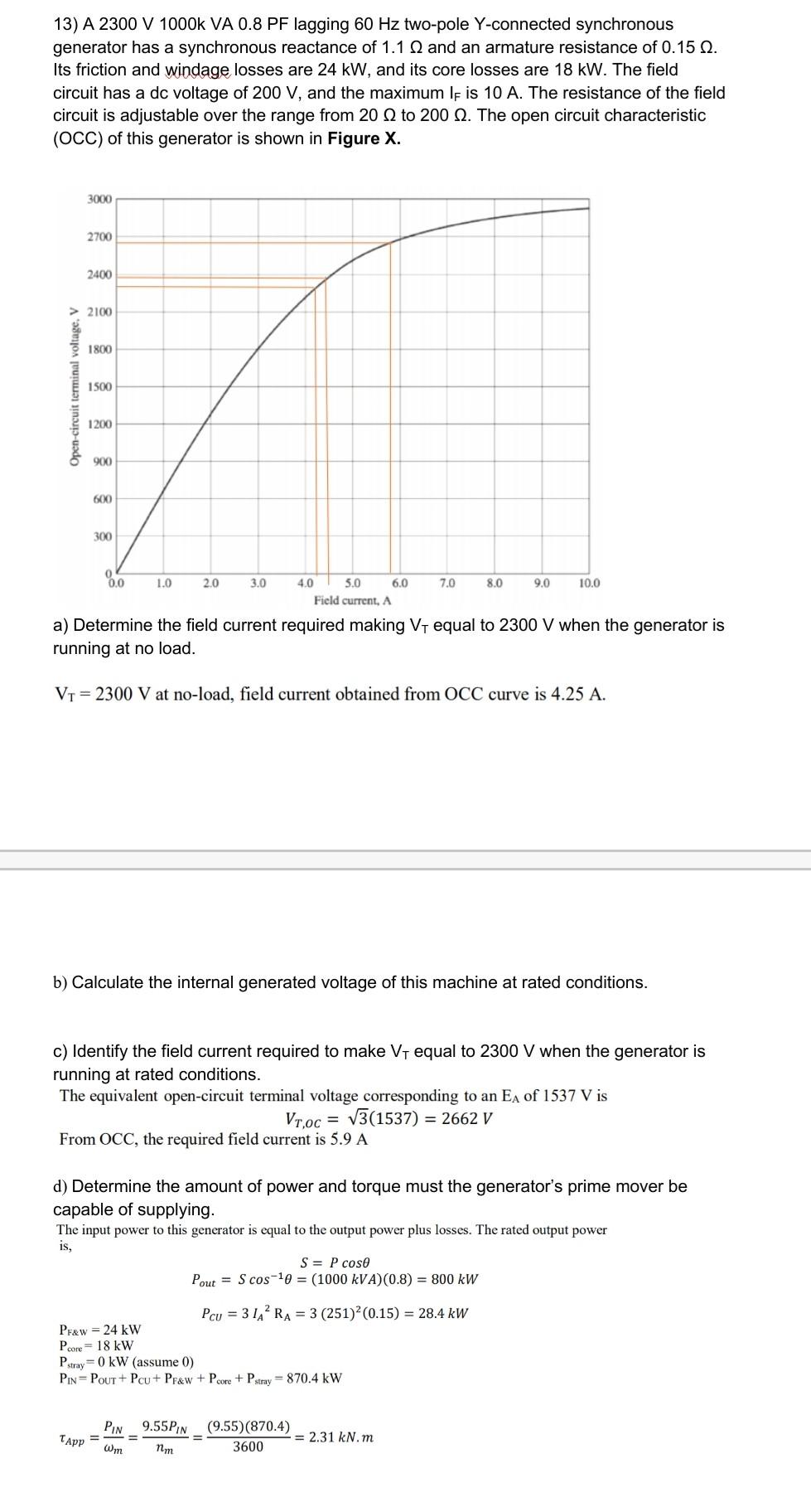 Solved 13) A 2300 V 1000K VA 0.8 PF lagging 60 Hz two-pole | Chegg.com