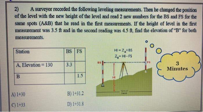 Solved 2) A surveyor recorded the following leveling | Chegg.com