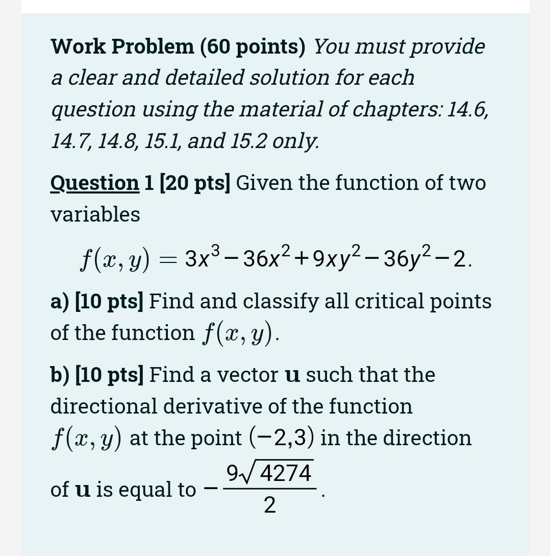 Solved Work Problem (60 points) You must provide a clear and | Chegg.com